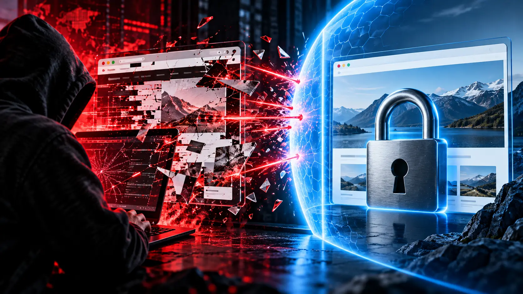 Split collage showing a hacker breaching a vulnerable website beside a protected website with a padlock and security barrier blocking the attack.