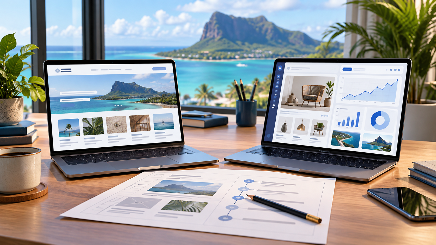 Two website concepts on laptops beside a project brief, illustrating the choice between a standard website package and a custom business platform.